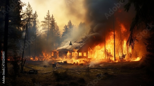 A small wooden village house is on fire in the middle of the forest with large copyspace area