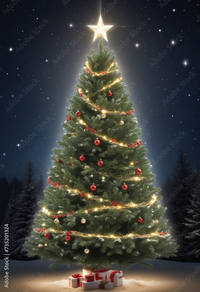 Twinkling starlit Christmas tree at night