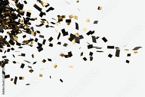 Black and gold confetti scattered on a clean white background. Perfect for celebrations and festive occasions