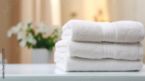 A stack of white bath towels lies on the left side of the frame in the bathroom. Blurred bathroom background