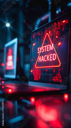Cybersecurity breach warning with SYSTEM HACKED alert on a computer screen in a dark office environment, symbolizing internet safety threats