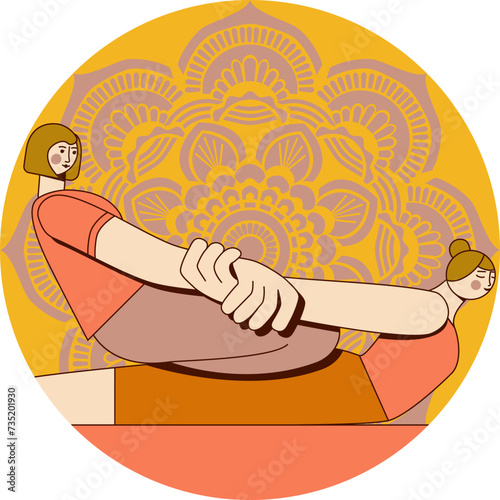 Thai massage treatment by professional therapist in spa. Traditional Asian stretching therapy. Isolated flat vector illustration in circle shape.