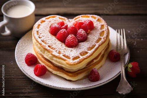 Valentine's Day breakfast with heart shaped pancakes decorated raspberries on dark background. Close up. Tasty dessert.