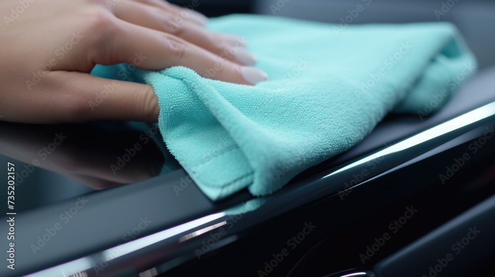 A person using a micro towel to clean a car. Perfect for automotive detailing or car care concepts