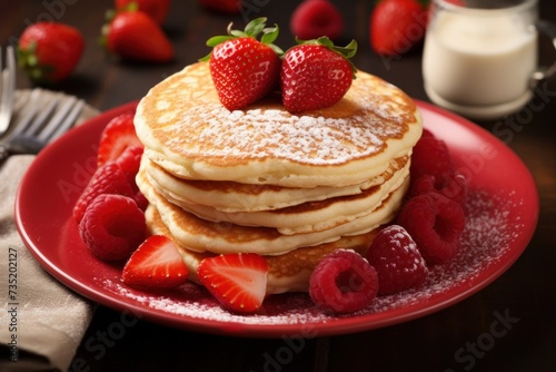 Valentine's Day breakfast with pancakes decorated strawberry and raspberries on red plate on dark background. Close up. Tasty dessert.