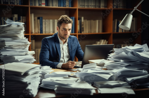 Man sits amidst overwhelming stacks of paperwork in office. Battling corporate chaos and stress, confronting challenges of overwork and financial strain