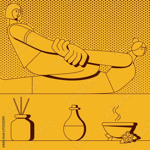 Thai massage treatment by professional therapist in spa. Traditional Asian stretching therapy. Isolated vector illustration in retro style.