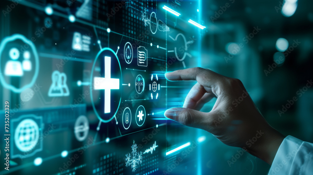 hand interacting with futuristic holographic interface elements with icons and symbols related to technology and data hand interacting with futuristic holographic interface elements with icons and symbols related to technology and data