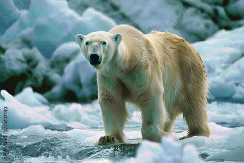 A curious male polar bear walks along the ice edge in the Arctic seas global warming concept