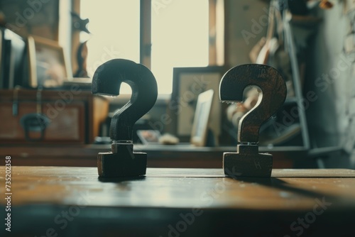 A wooden table with a pair of question marks, representing uncertainty or confusion. Can be used to illustrate concepts of problem-solving, decision-making, or seeking answers photo