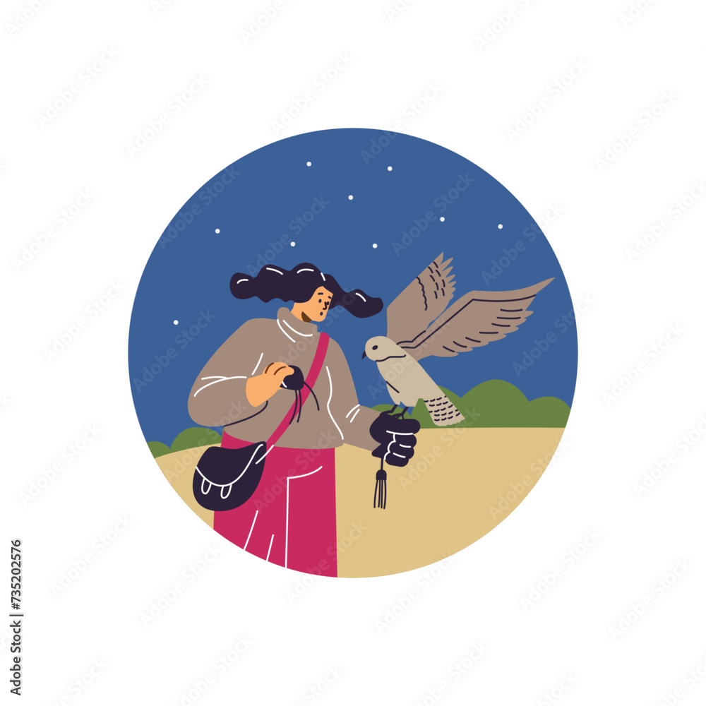 Woman with hawking glove holding falcon on nature landscape, falcon training with equipment, Falconry vector in round