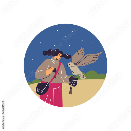 Woman with hawking glove holding falcon on nature landscape, falcon training with equipment, Falconry vector in round