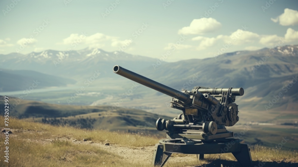 A cannon mounted on a stand, positioned to overlook a breathtaking mountain range. Ideal for military history, scenic landscapes, or adventure-themed projects