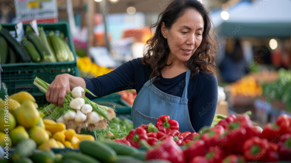 smiling woman wearing a blue apron, standing at a vegetable stand in a market, selecting or arranging fresh produce including red bell peppers. smiling woman wearing a blue apron, standing at a vegetable stand in a market, selecting or arranging fresh produce including red bell peppers.