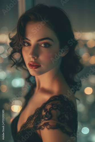 Stylish woman with curly hairstyle and cityscape