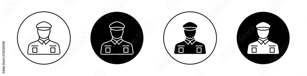 Policeman Icon Set. Security Officer Guard Vector Symbol in a Black Filled and Outlined Style. Law and Order Sign.
