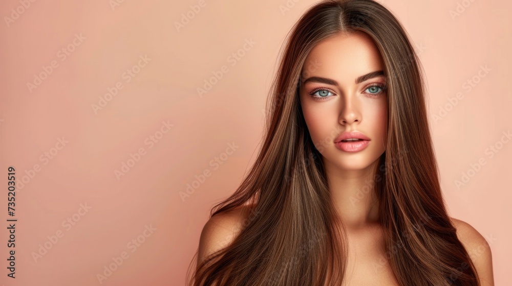 Naklejka premium Woman with straight hair on a pink background