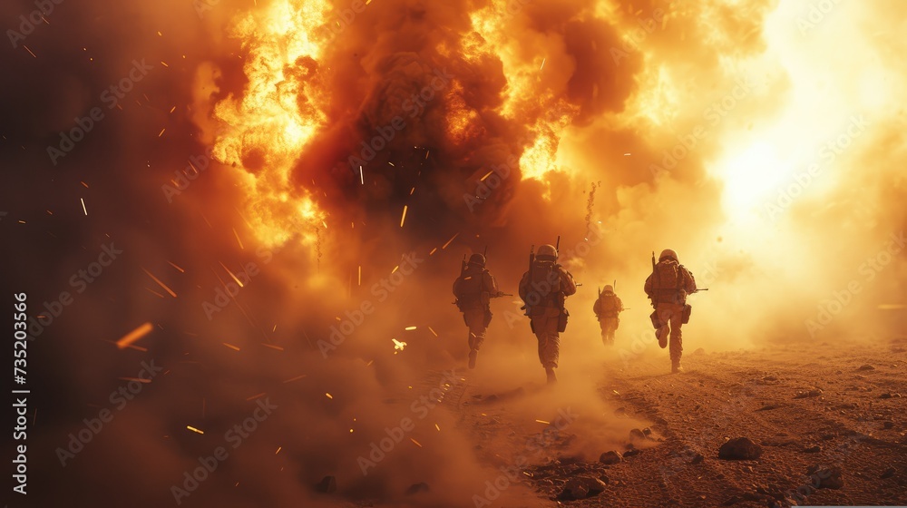 Team of soldiers running towards a huge explosion surrounded by smoke, battlefield. Generative AI. Team of soldiers running towards a huge explosion surrounded by smoke, battlefield. Generative AI.
