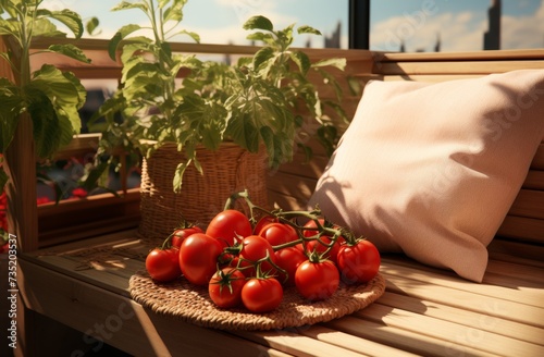 an outdoor balcony area with red tomatoes and sun
