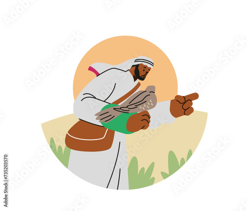 Vector illustration of falconry with man and falcon against circular desert backdrop