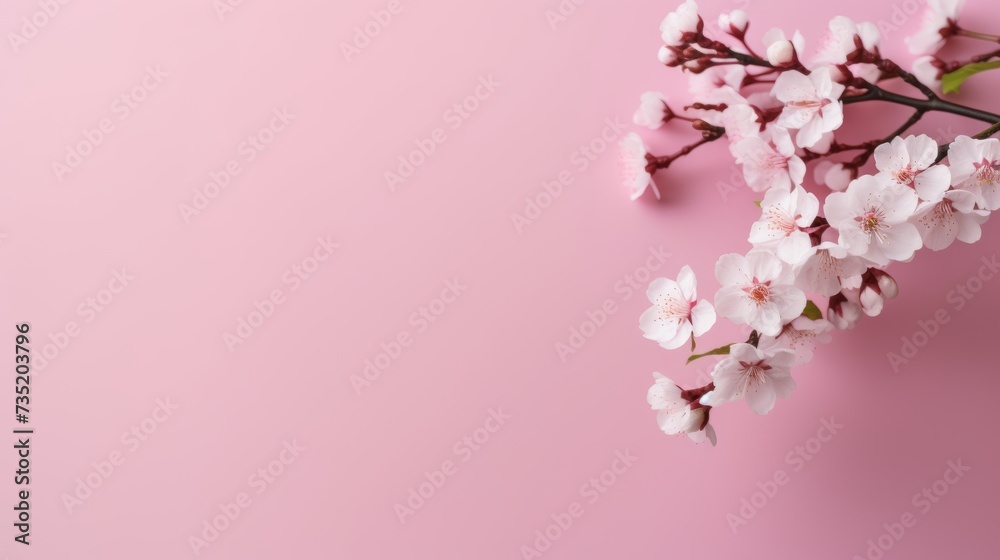 A stunning cherry blossom branch adorns the left side of a minimalistic light pink background, offering ample space for text.