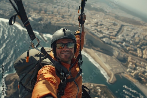 A man in an orange jacket is paragliding. This exhilarating sport can be enjoyed in various scenic locations