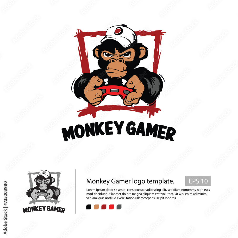 Monkey gamer logo template, with a monkey that handle an controller for your e-sport team logo. Monkey gamer logo template, with a monkey that handle an controller for your e-sport team logo.
