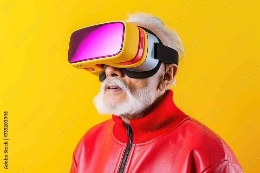 Fototapeta premium An elderly man in a red jacket with a white beard and virtual reality glasses. Studio shot on a yellow background