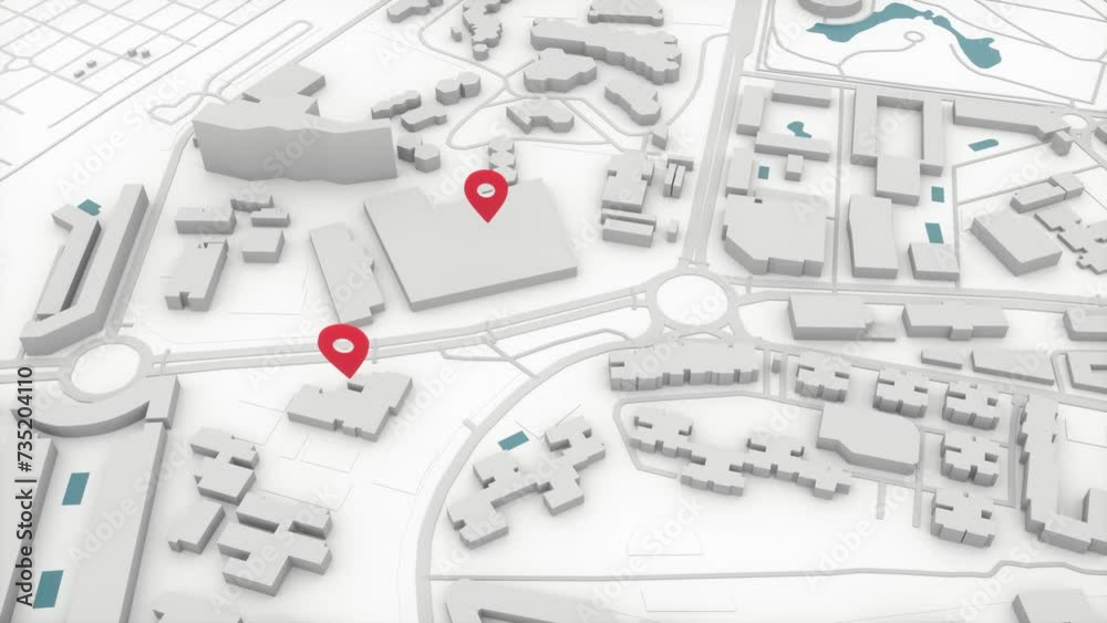 Aerial view of city with Point Map. Location Points over street city