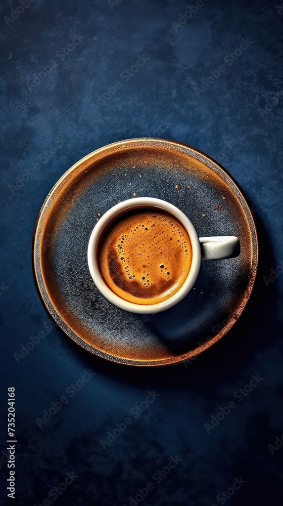 A cup of espresso coffee on a saucer background using dark blue color. top view A cup of espresso coffee on a saucer background using dark blue color. top view
