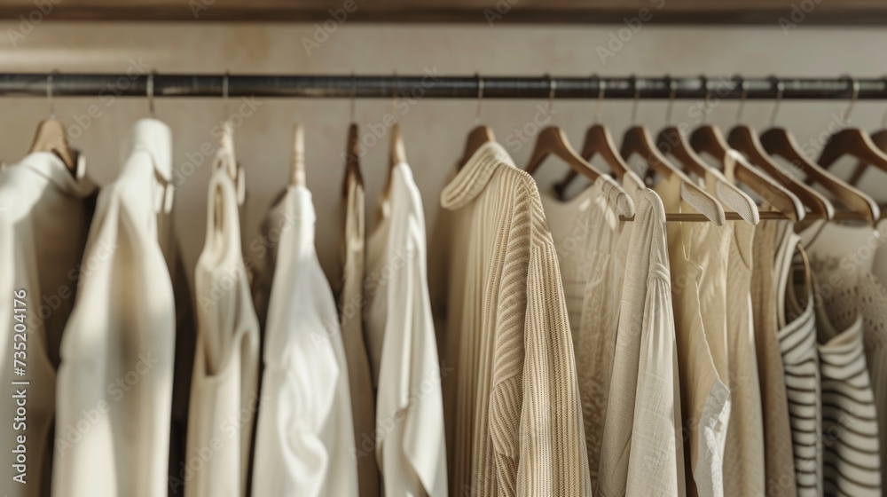 A rack of clothes hanging on a clothes rack. Can be used for fashion, retail, or wardrobe concepts