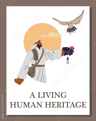 Flyer about the falconry festival, a man calling a falcon, space for text.