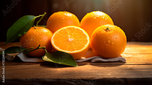 a bunch of oranges with leaves on a table