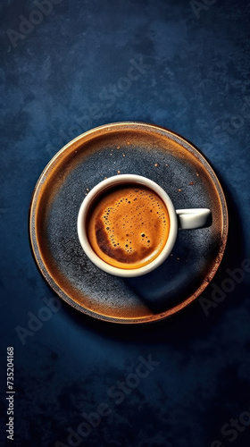 A cup of espresso coffee on a saucer background using dark blue color. top view