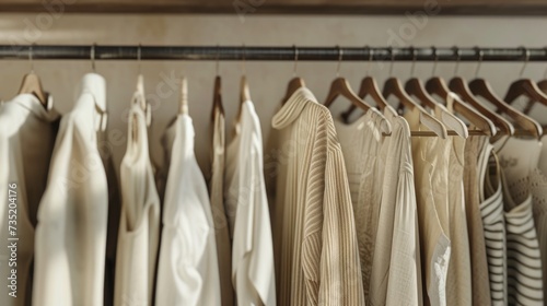 A rack of clothes hanging on a clothes rack. Can be used for fashion, retail, or wardrobe concepts © Fotograf