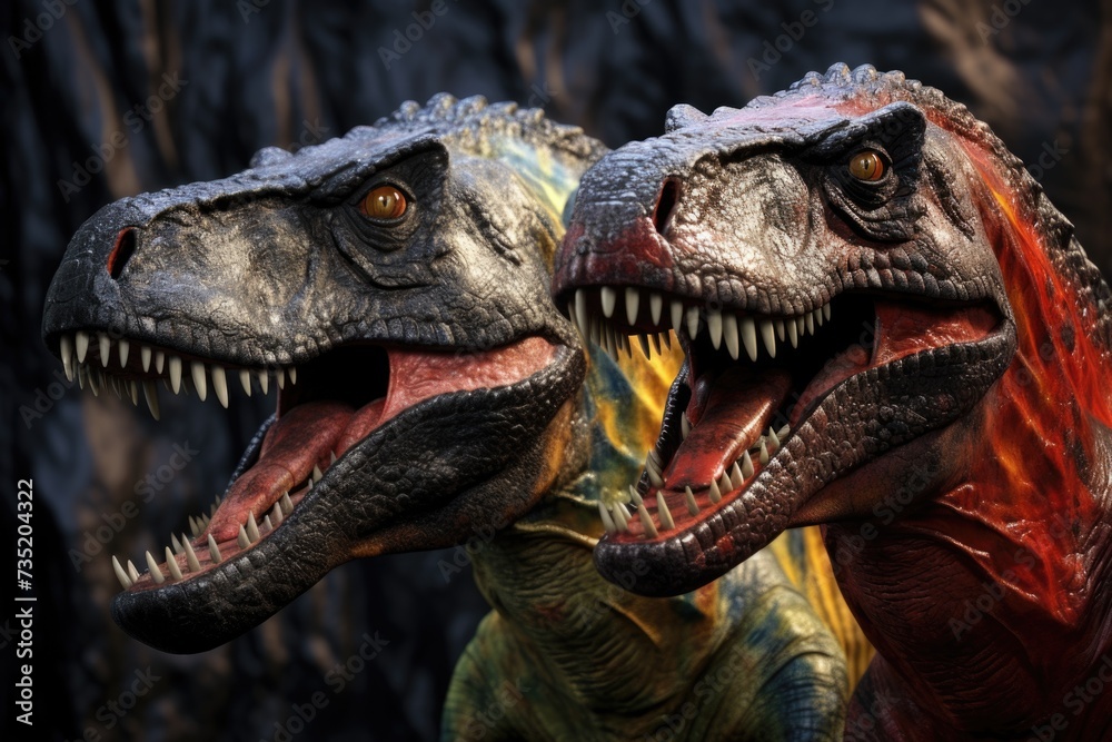 A detailed close-up view of two dinosaurs with their mouths wide open. This image captures the ferocity and power of these ancient creatures. A detailed close-up view of two dinosaurs with their mouths wide open. This image captures the ferocity and power of these ancient creatures.