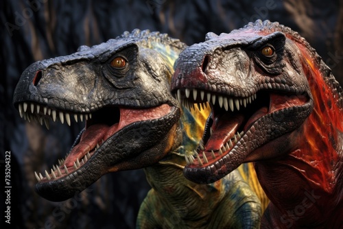 A detailed close-up view of two dinosaurs with their mouths wide open. This image captures the ferocity and power of these ancient creatures. photo