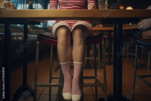 A woman sitting at a table in a restaurant. Suitable for food and dining-related projects