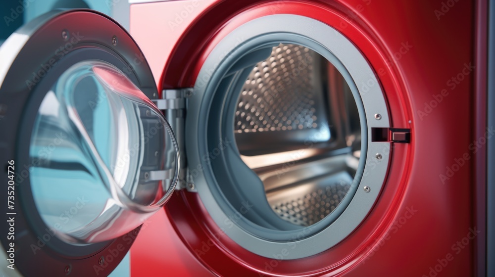 A detailed view of a red washing machine. Suitable for household appliance catalogs or articles on laundry care A detailed view of a red washing machine. Suitable for household appliance catalogs or articles on laundry care
