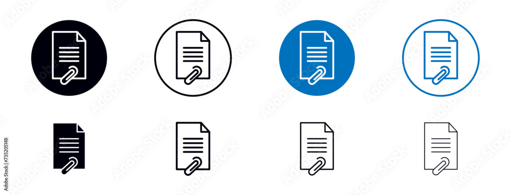 Attach Document Line Icon Set. Paper File Doc Clip Symbol in Black and Blue Color.