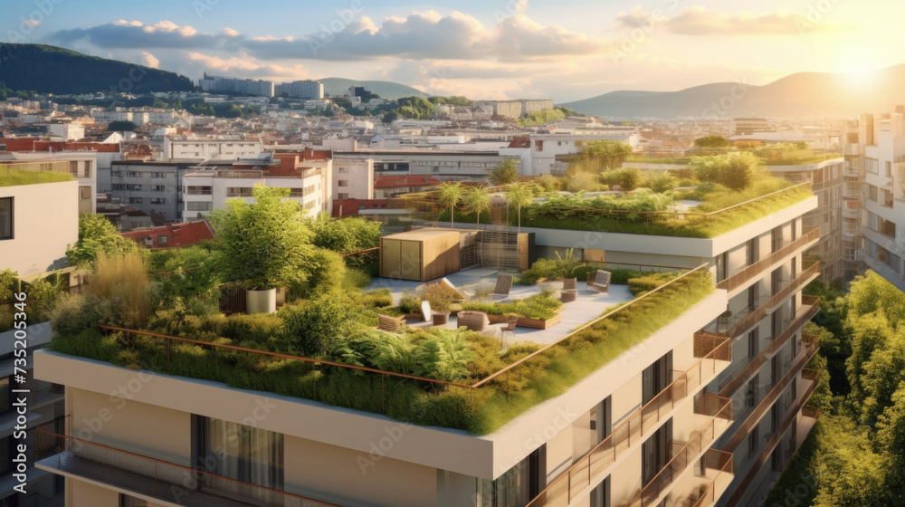 A modern residential district with green roof and balcony.