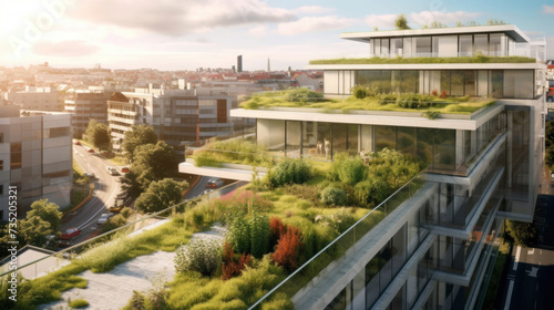 A modern residential district with green roof and balcony.