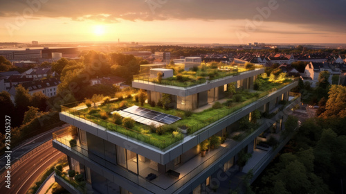 A modern residential district with green roof and balcony. photo