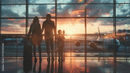 Airport Terminal: Silhouette of happy family wait for departure at airport lounge room together before vacation. Adventure concept. People look out of Window for Arriving Airplanes. Flight Boarding. © Ellionn