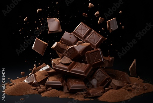 chocolate pieces falling on a dark background