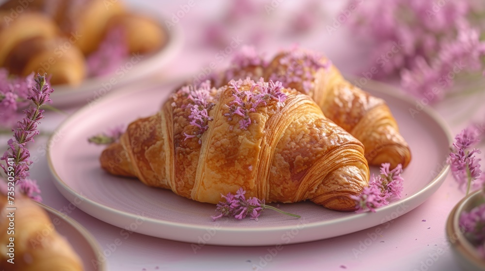 Freshly handmade baked croissants on a pink pastel background with flowers