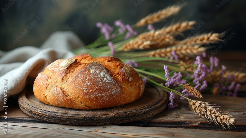 Freshly baked bread on wooden table, wooden background. Top view, side view with copy space for text