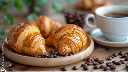 Freshly handmade baked croissants with coffee on a rustic wooden background.