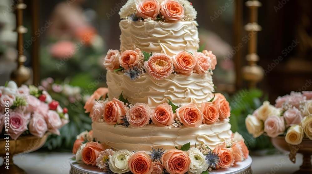 Wedding cake with flowers background