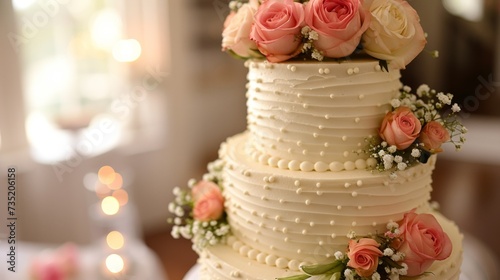 Wedding cake with flowers background